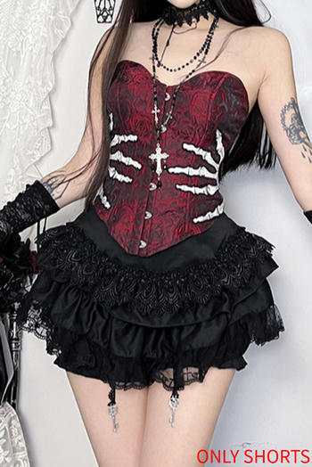 gothic style slight stretch high-waist key pendant lace trim shorts