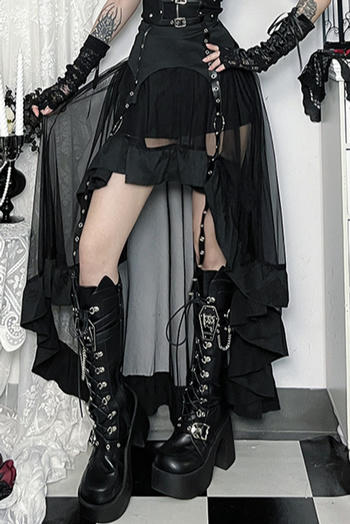 sexy slight stretch stitching mesh high-waist gothic maxi skirt
