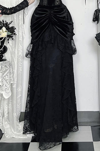 casual slight stretch velvet stitching lace shirring gothic maxi skirt