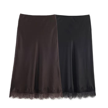 casual non-stretch high-waist lace trim midi skirt(size run small)
