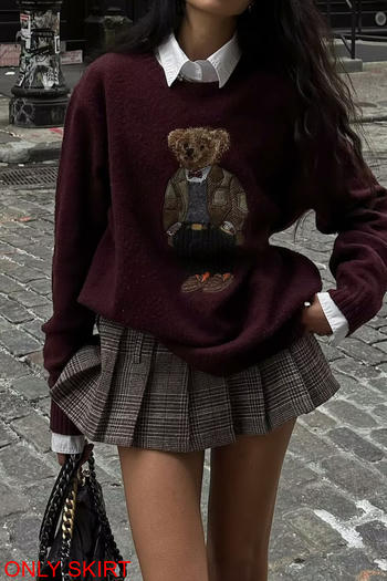 casual non-stretch plaid print pleated mini skirt with lining