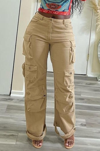 stylish plus-size non-stretch solid color multi-pocket straight cargo jeans