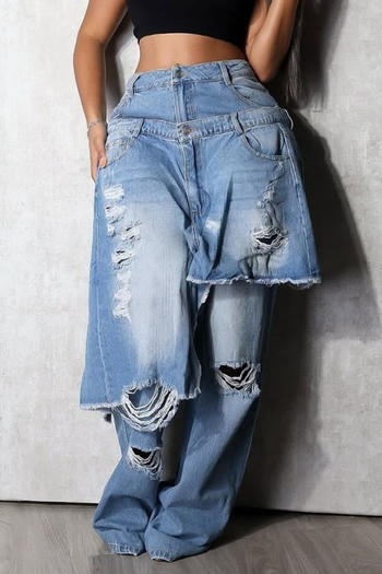 stylish plus size slight stretch splicing hole design mid waist jeans