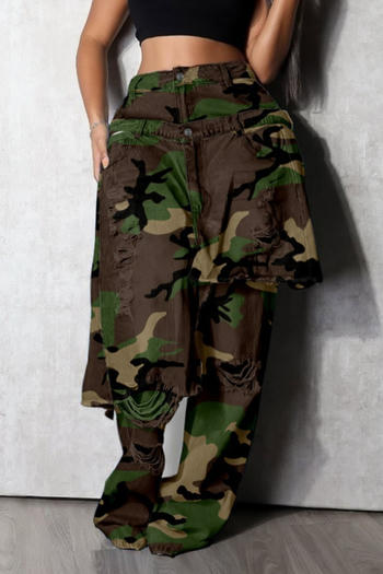 stylish plus size slight stretch camo print splicing hole design mid waist jeans