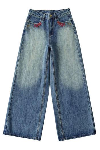 casual non-stretch denim embroidery high-waist jeans(size run small)