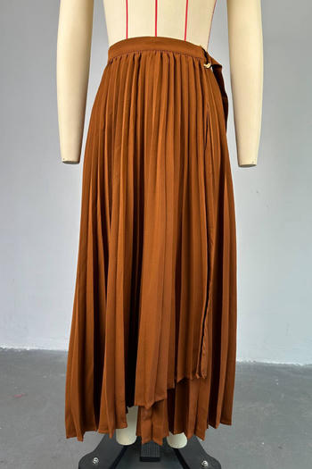 Casual plus size non-stretch solid color pleated high waist maxi skirt