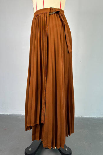 Casual plus size non-stretch solid color pleated high waist maxi skirt