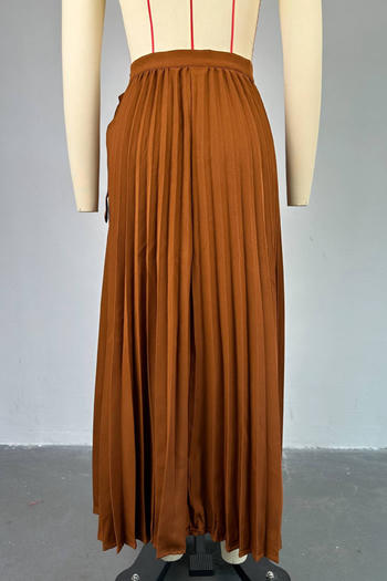 Casual plus size non-stretch solid color pleated high waist maxi skirt