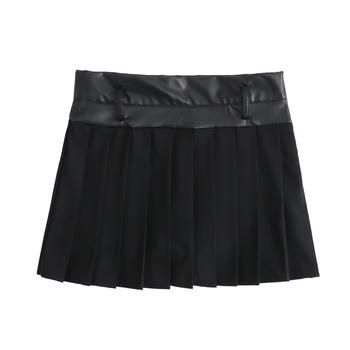 casual slight stretch stitching imitation leather high-waist mini skirt