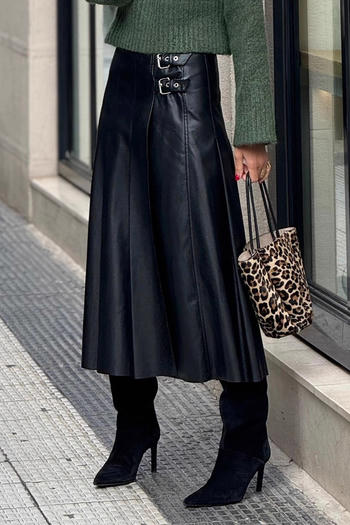 casual plus size non-stretch solid color new pu midi skirt