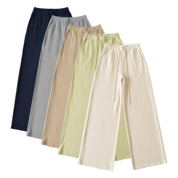 casual slight stretch solid color drawstring high-waist pants(size run small)