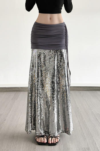 casual slight stretch shirring sequins maxi skirt with slit