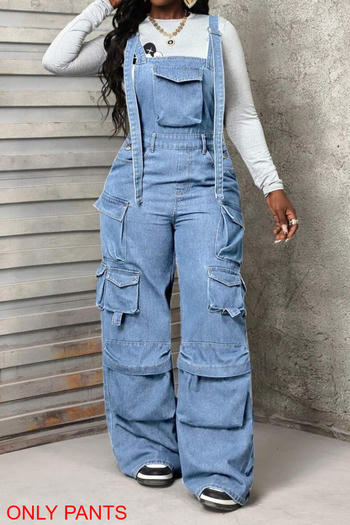 casual plus size slight stretch multi-pocket versatile wide-leg denim overalls