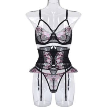 High quality embroidery hollow girdle design 3 pc set lingerie(with steel rings)