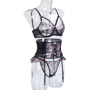 High quality embroidery hollow girdle design 3 pc set lingerie(with steel rings)