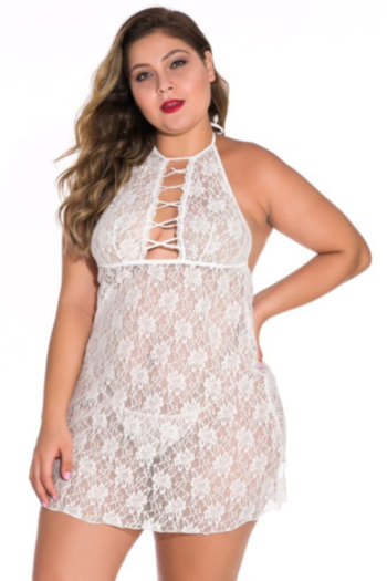 Plus size XL-4XL 3 Colors solid lace halter-neck hollow backless sexy night dress(contain G-Strings)