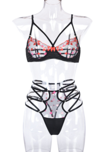 Mesh see through heart embroidery new stylish sexy two-piece set lingerie