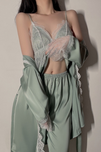 green satin stitching lace sling top with loose pants two-piece set pajamas(without night gown)