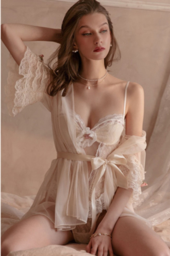 lace stitching mesh see through sexy night gown (with belt)