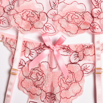 Pink flowers embroidered sling lace mesh see through sexy three-piece set lingerie