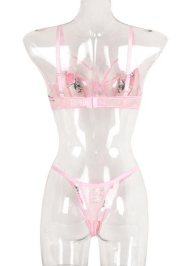 Three colors rose embroidered sling mesh see through sexy two-piece set lingerie