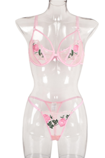 Three colors rose embroidered sling mesh see through sexy two-piece set lingerie