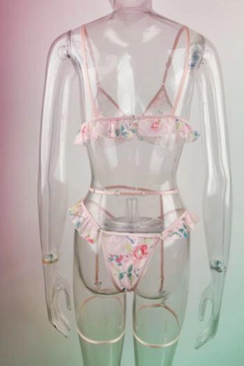 New stylish batch printing lace stitching mesh see through garter three-piece set lingerie 