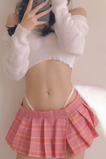 sexy cosplay student outfit long sleeve solid color sweater contrast color plaid skirt two-piece set costume
