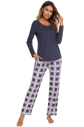 plus-size autumn & winter cotton long sleeve solid color top plaid printing pocket pants pajamas two-piece set