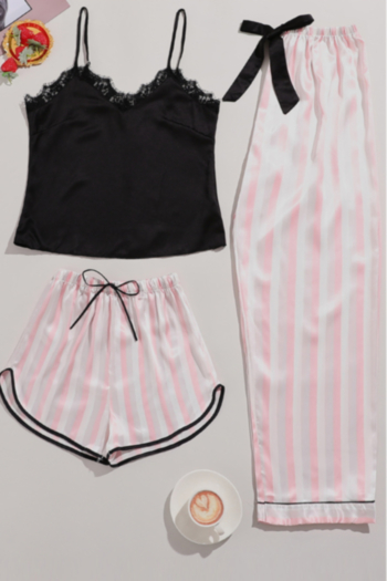 sexy lace sling artificial silk stripe batch printing loose homewear pajamas three-piece set