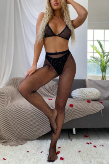 sexy lingerie mesh high waisted stretch rhinestone decor bra with stockings two-piece set(no panties)