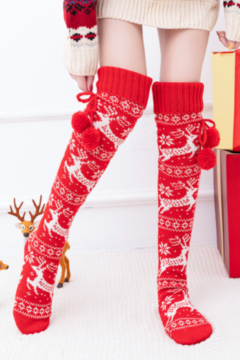 1 pair Christmas elk hairball decor autumn & winter knitted long tube over the knee socks(length:72cm)