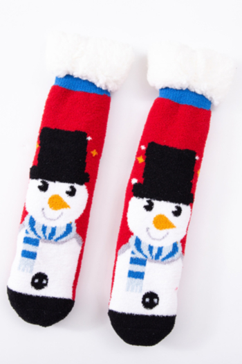 1 pair Christmas thick coral fleece and lamb fleece snowman printing middle tube socks