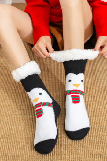 1 pair Christmas thick coral fleece and lamb fleece penguin printing middle tube socks