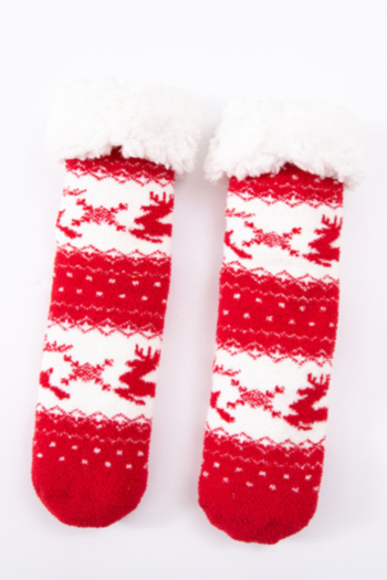 1 pair Christmas thick coral fleece and lamb fleece red color elk printing middle tube socks