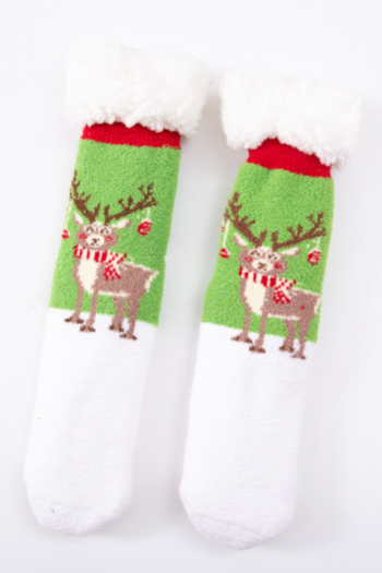 1 pair Christmas thick coral fleece and lamb fleece elk printing middle tube socks#1#