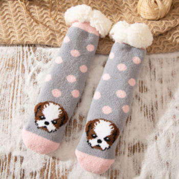 1 pair Thick coral fleece and lamb fleece puppy pattern and dot printing middle tube socks