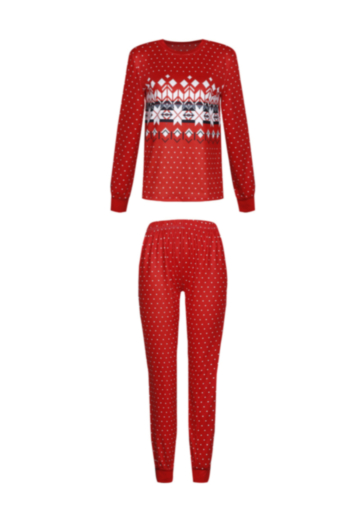 mom's christmas style red geometric pattern printing plus size family parent-child outfit stylish home two-piece set