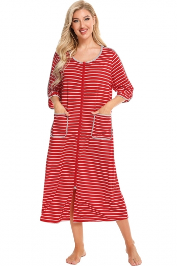 summer three-quarter sleeves zip-up pocket stripe batch printing stretch loose babydoll casual plus-size homewear