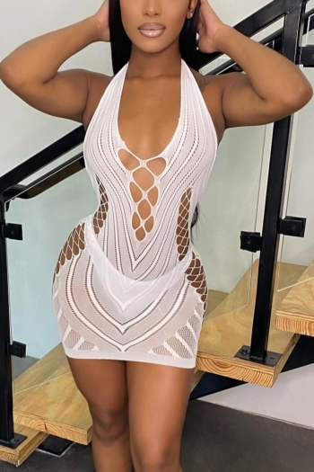 summer new hollow halter backless mesh stretch solid color sexy mini dress