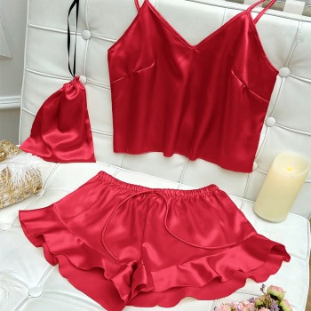 sexy lingerie solid color satin sling inelastic sexy two-piece set homewear(with a storage bag)