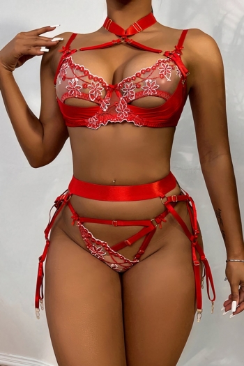 sexy lingerie sling cutout halter-neck mesh embroidered garter design sexy three-piece set(with underwire,no stocking)