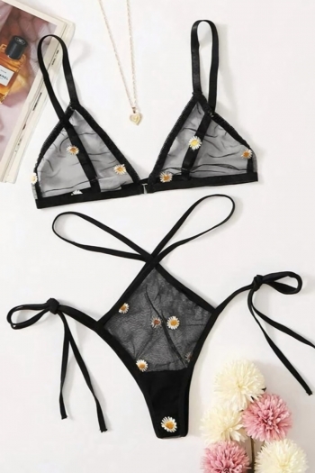 Sexy lingerie sling daisy embroidered mesh see-through lace-up sexy two-piece set