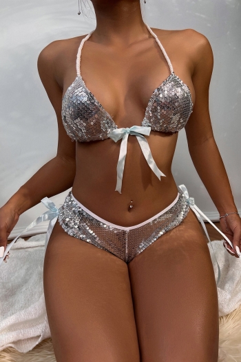 sexy lingerie new solid color halter-neck sequins stitching mesh backless bowknot plus-size sexy two-piece set