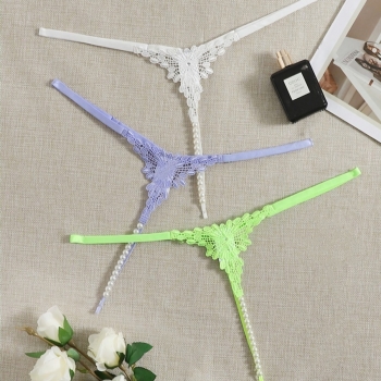 three pc sexy lingerie new solid color lace stitching pearl sexy g-string