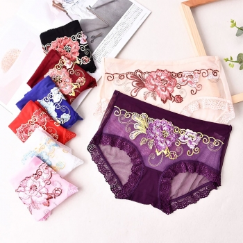 new eight colors peony embroidery mesh with lace trim pure color stretch sexy panties
