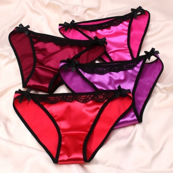 new eight colors dainty bow lace trim pure color satin sexy panties