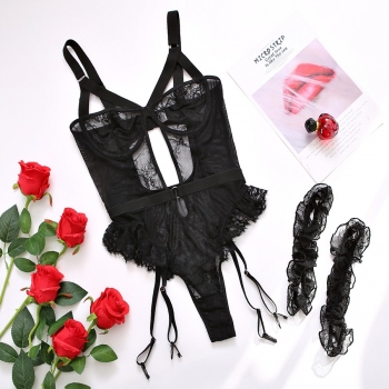 Sexy lingerie new solid color 3 colors lace cutout mesh sling slim sexy teddy collection(with leg ring)