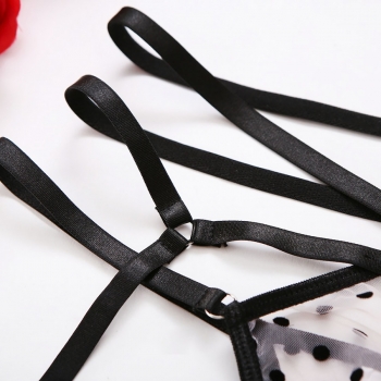 Sexy lingerie new sling mesh polka dots batch printing cutout garter design sexy three-piece set(with leg ring)