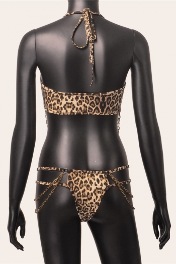 Summer new leopard printing stretch halter-neck self-tie metallic chain ring connected two-piece set sexy lingerie